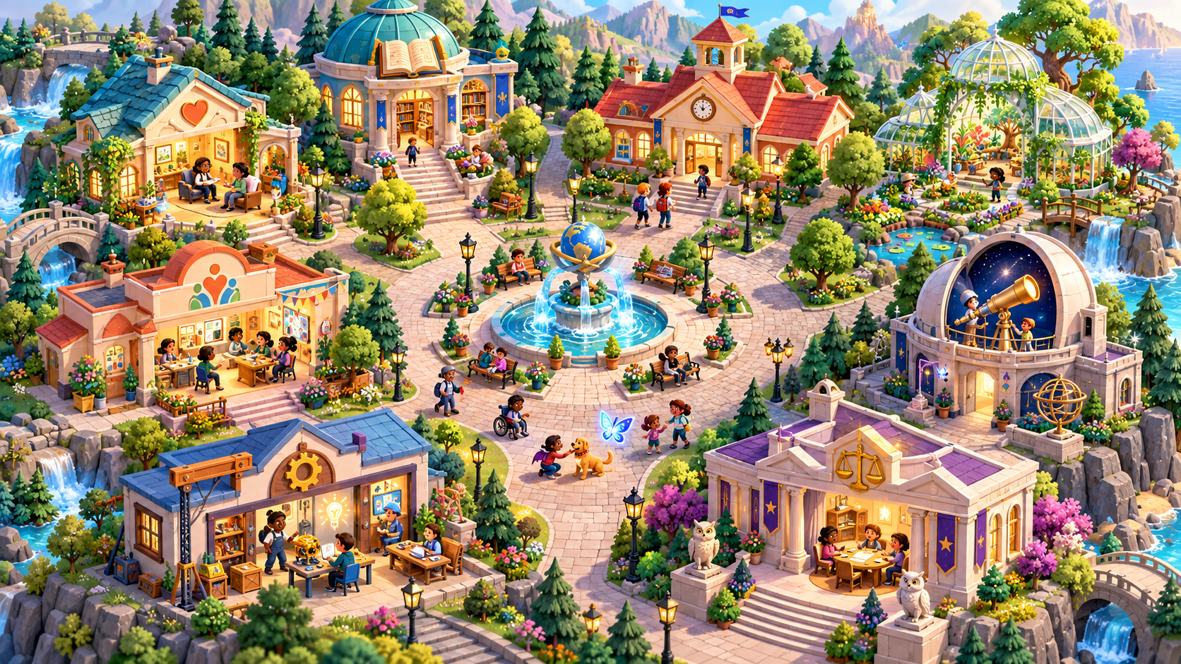 A colorful miniature town with eight learning neighborhoods