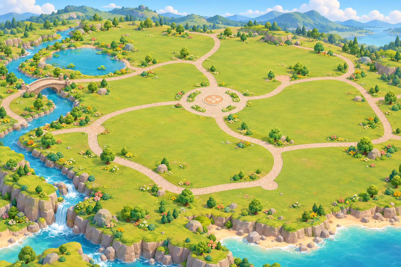 An open grassy town base with paths, water, and room for community buildings